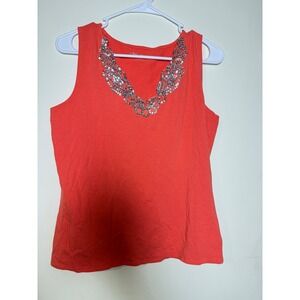 Women Coral Orange Sequin Neckline Tank Top Sleeveless Y2K M vintage 2000s
